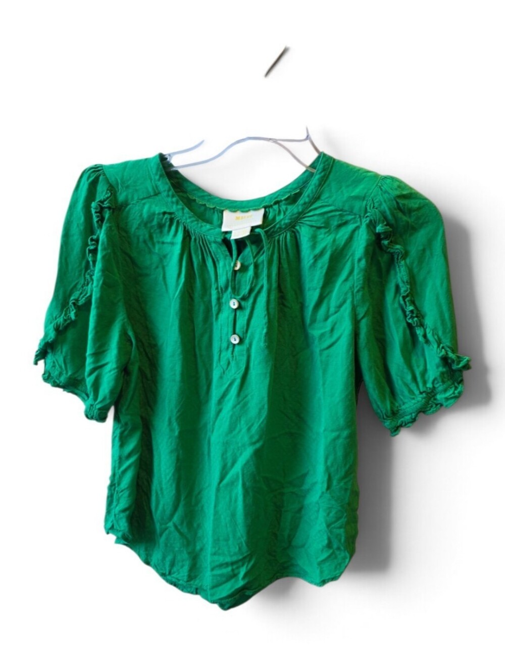 Maeve by Anthropologie Women's Green Half Sleeve Ruffle Blouse
